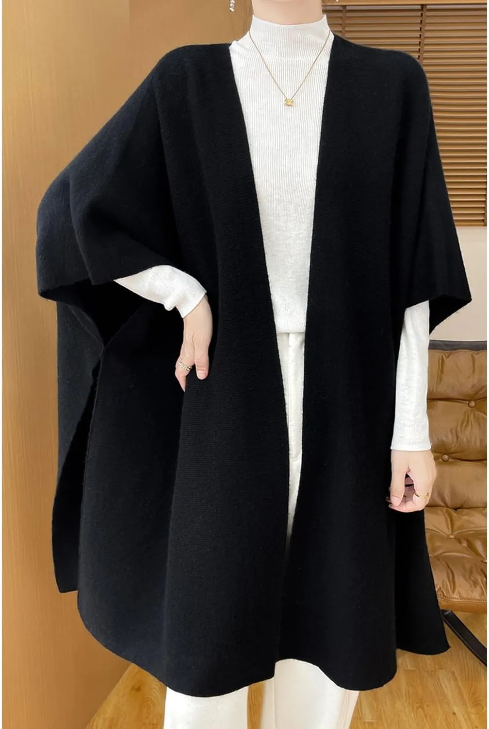 100% Merino Wool Shawl Wrap Women's Knitted Poncho Cape Cardigan Autumn Winter Loose Open Sweater Coat