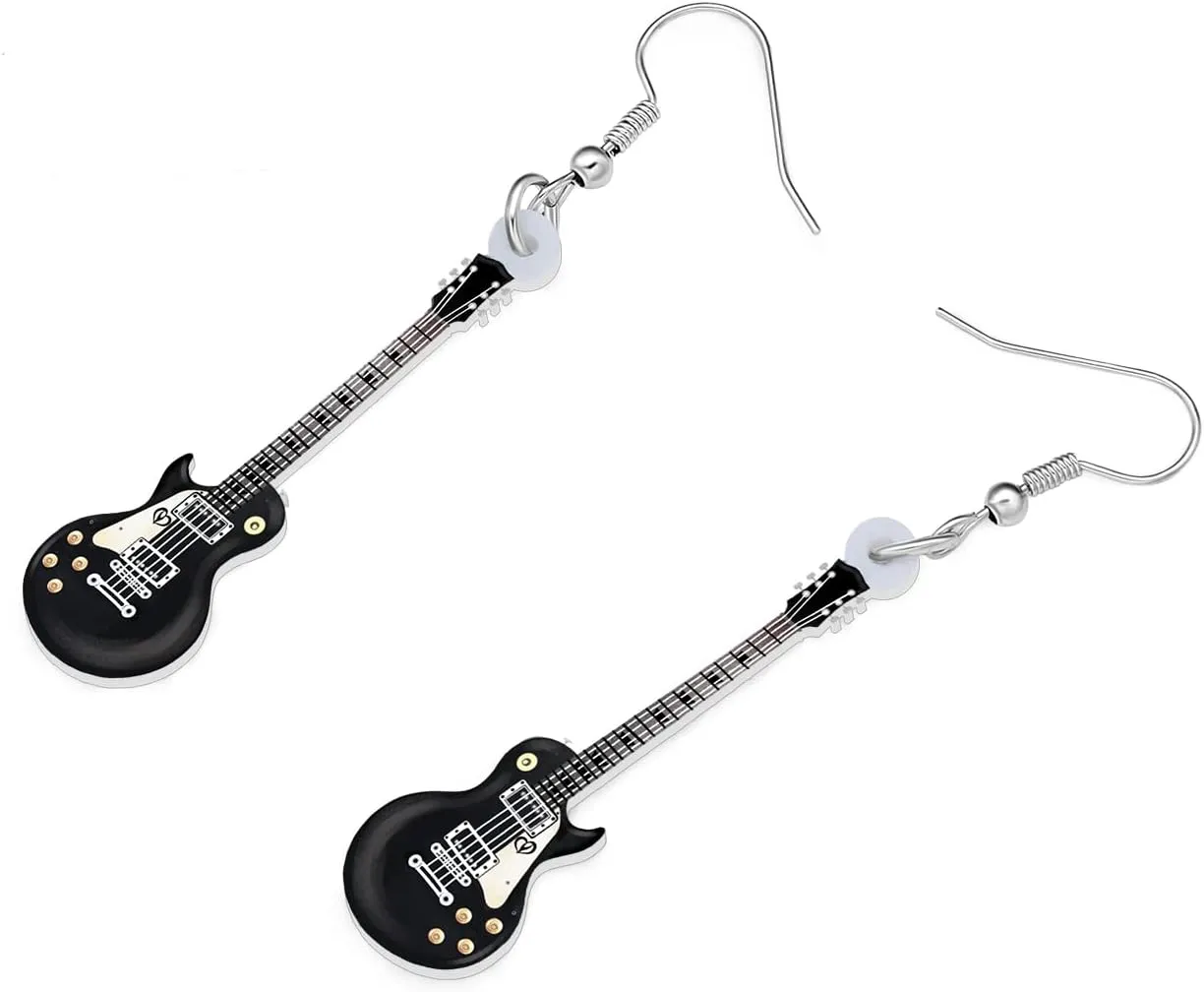 Acrylic Black Electric Guitar Earrings Cool Rock Bass Musical Instruments Fashion Dangle Hypoallergenic Jewelry For Women Charm Gifts