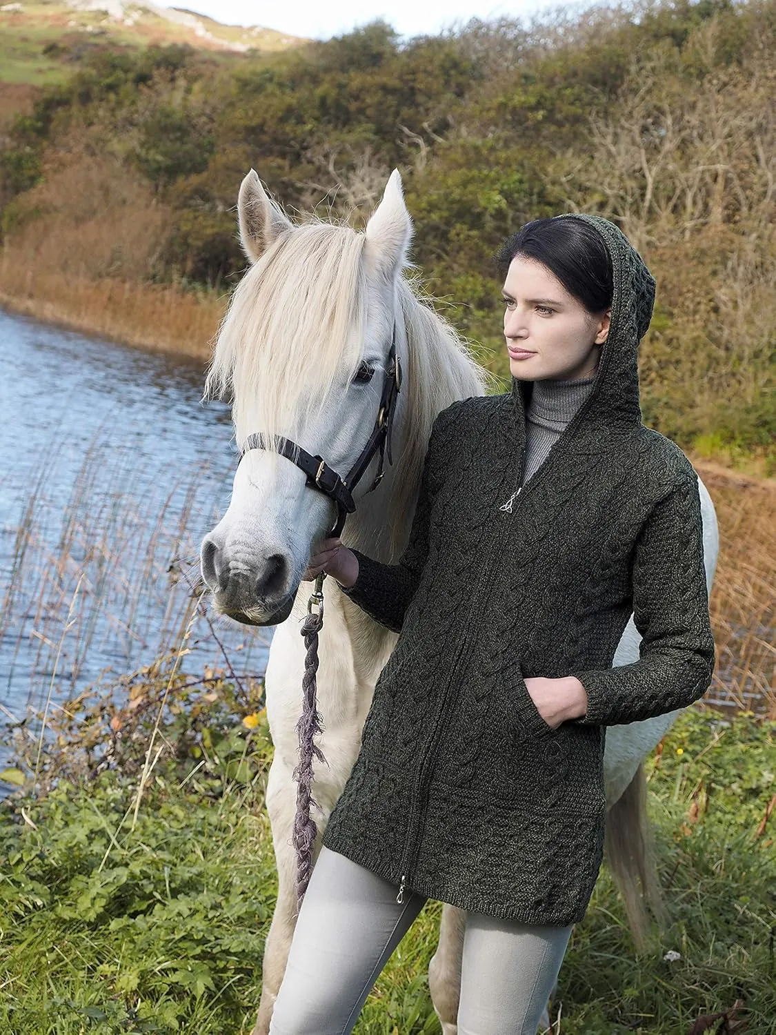 Aran Crafts Women's Irish Cable Knitted Wool Hooded Zip Coat (100% Merino Wool)