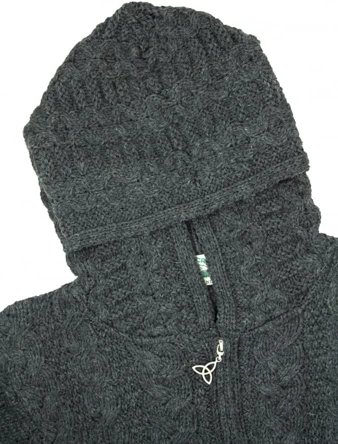 Aran Crafts Women's Irish Cable Knitted Wool Hooded Zip Coat (100% Merino Wool)