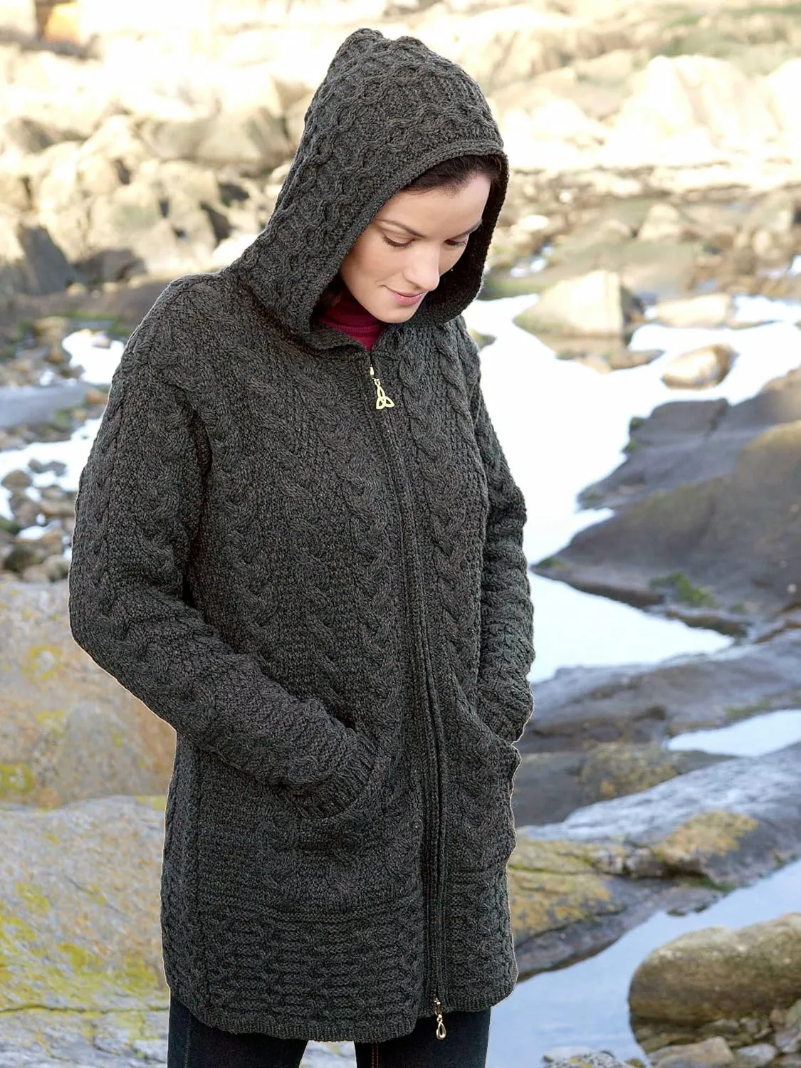 Aran Crafts Women's Irish Cable Knitted Wool Hooded Zip Coat (100% Merino Wool)