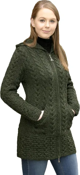 Aran Crafts Women's Irish Cable Knitted Wool Hooded Zip Coat (100% Merino Wool)