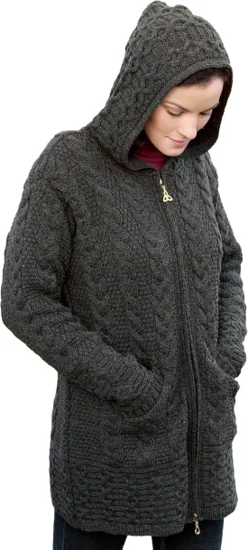 Aran Crafts Women's Irish Cable Knitted Wool Hooded Zip Coat (100% Merino Wool)