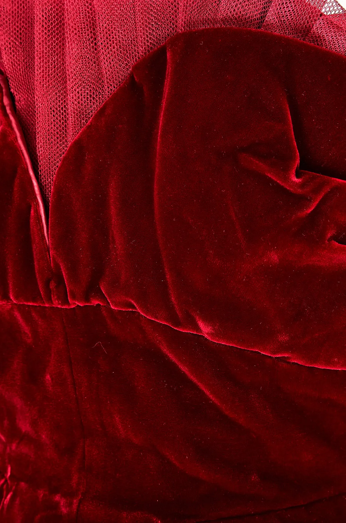 ARCHIVE: 1950s Couture Deep Red Velvet and Tulle Evening Dress