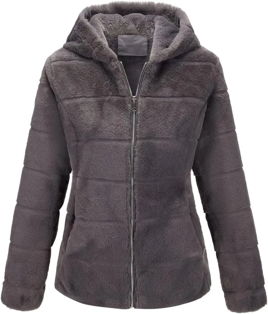 Bellivera Women's Faux Fur Coat Shearling Fluffy Fuzzy Shaggy Hood Sherpa-Lined Fleece Jacket