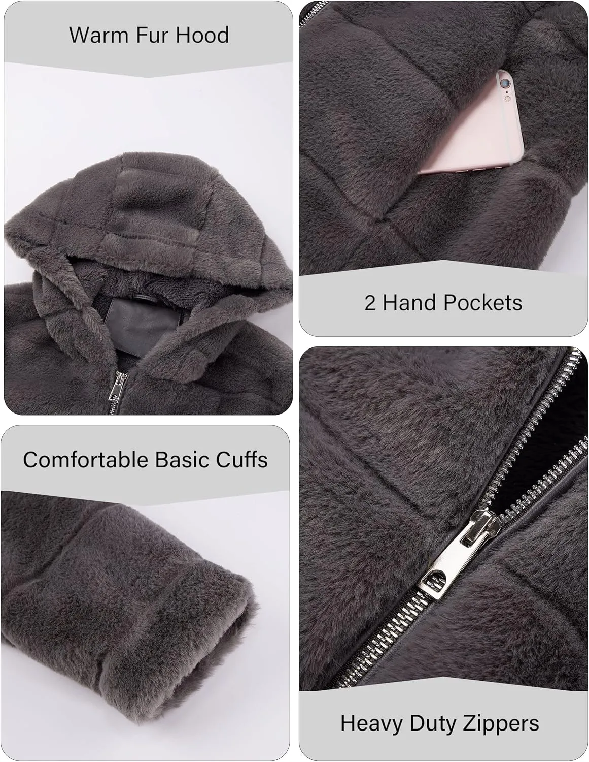 Bellivera Women's Faux Fur Coat Shearling Fluffy Fuzzy Shaggy Hood Sherpa-Lined Fleece Jacket