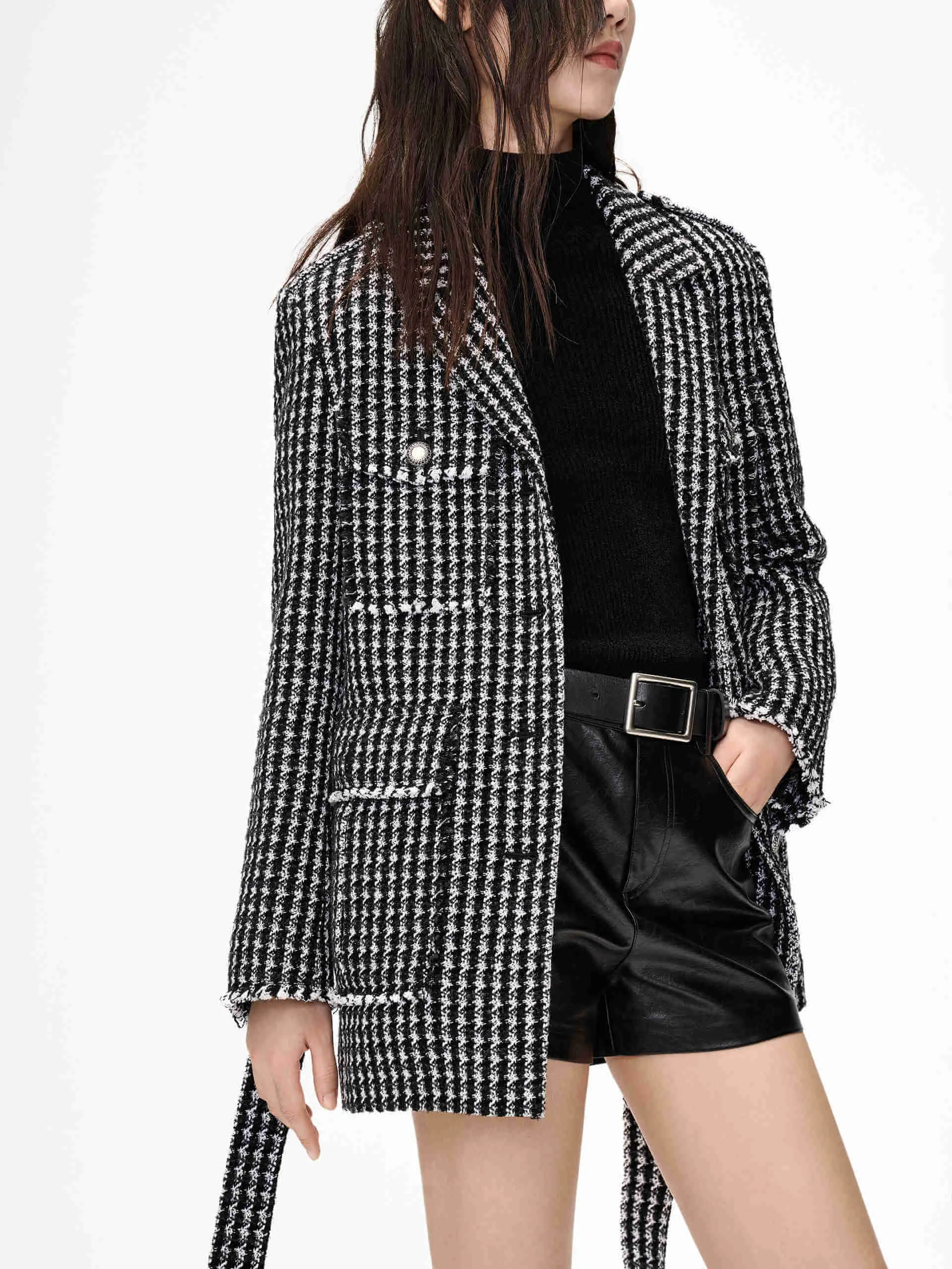 Belt Houndstooth Pattern Jacket