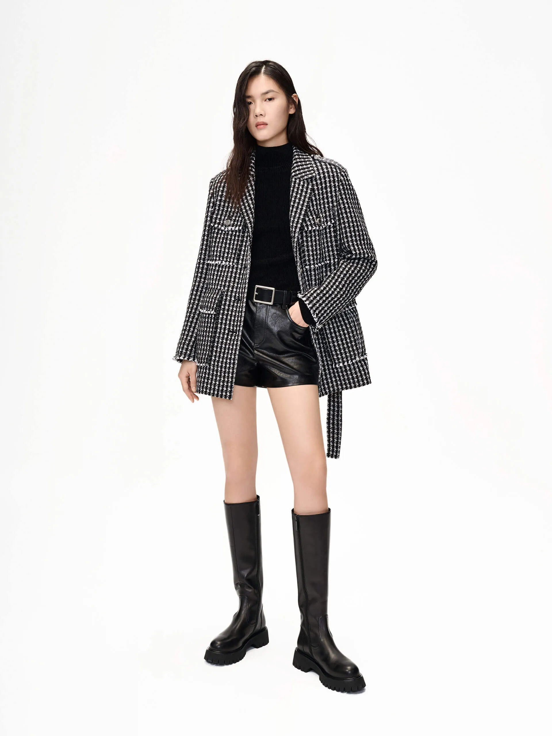 Belt Houndstooth Pattern Jacket