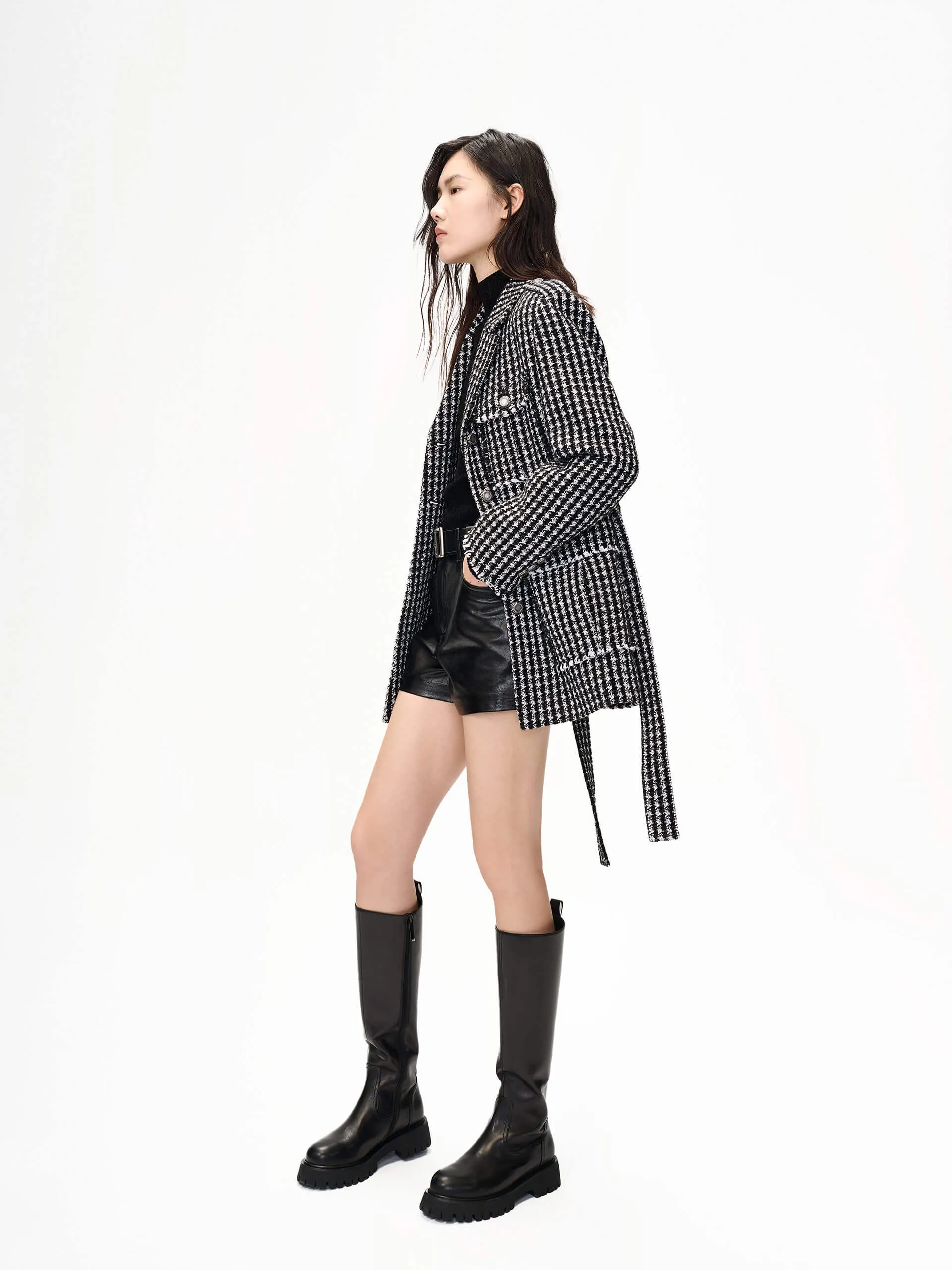 Belt Houndstooth Pattern Jacket