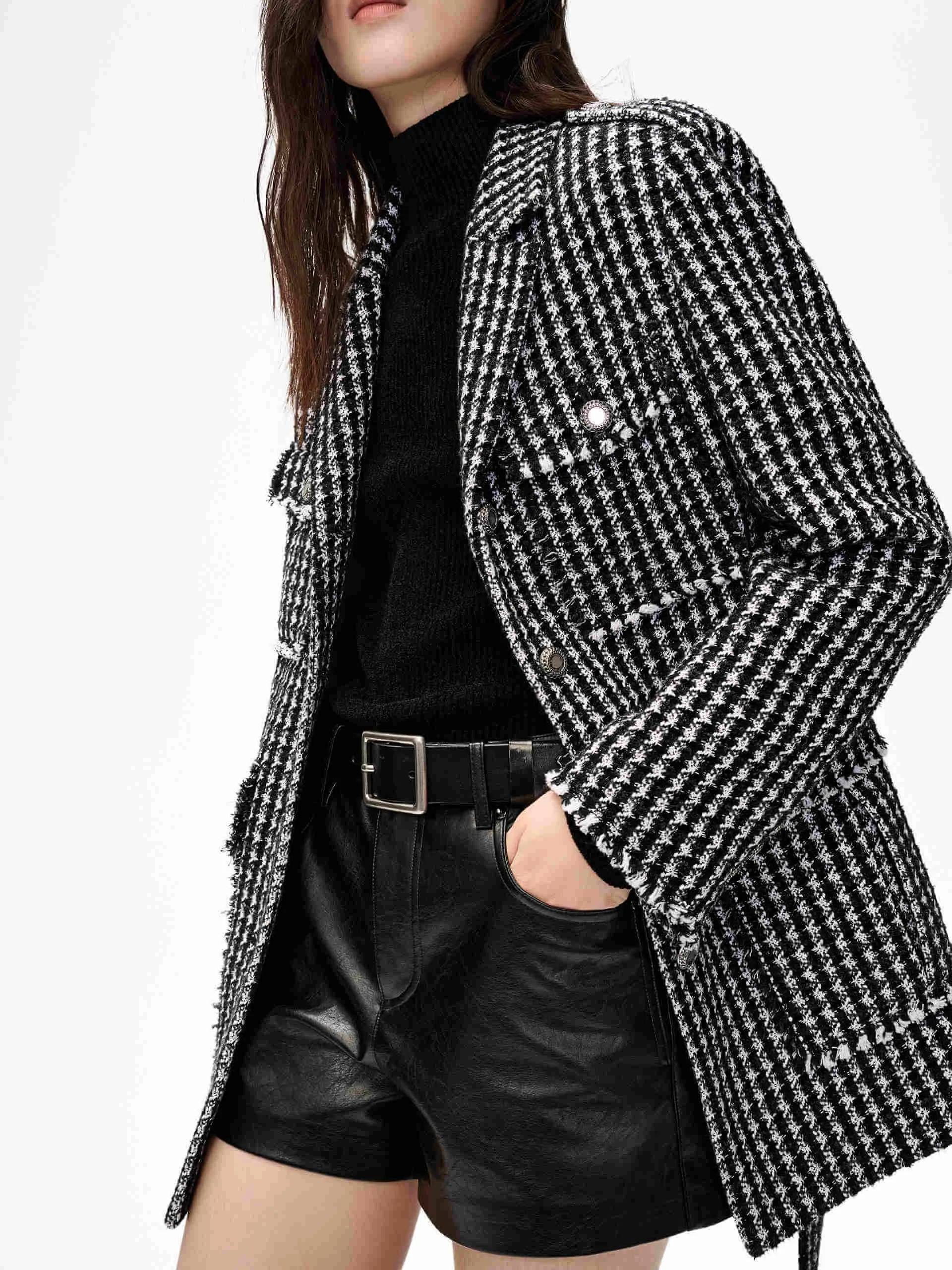 Belt Houndstooth Pattern Jacket