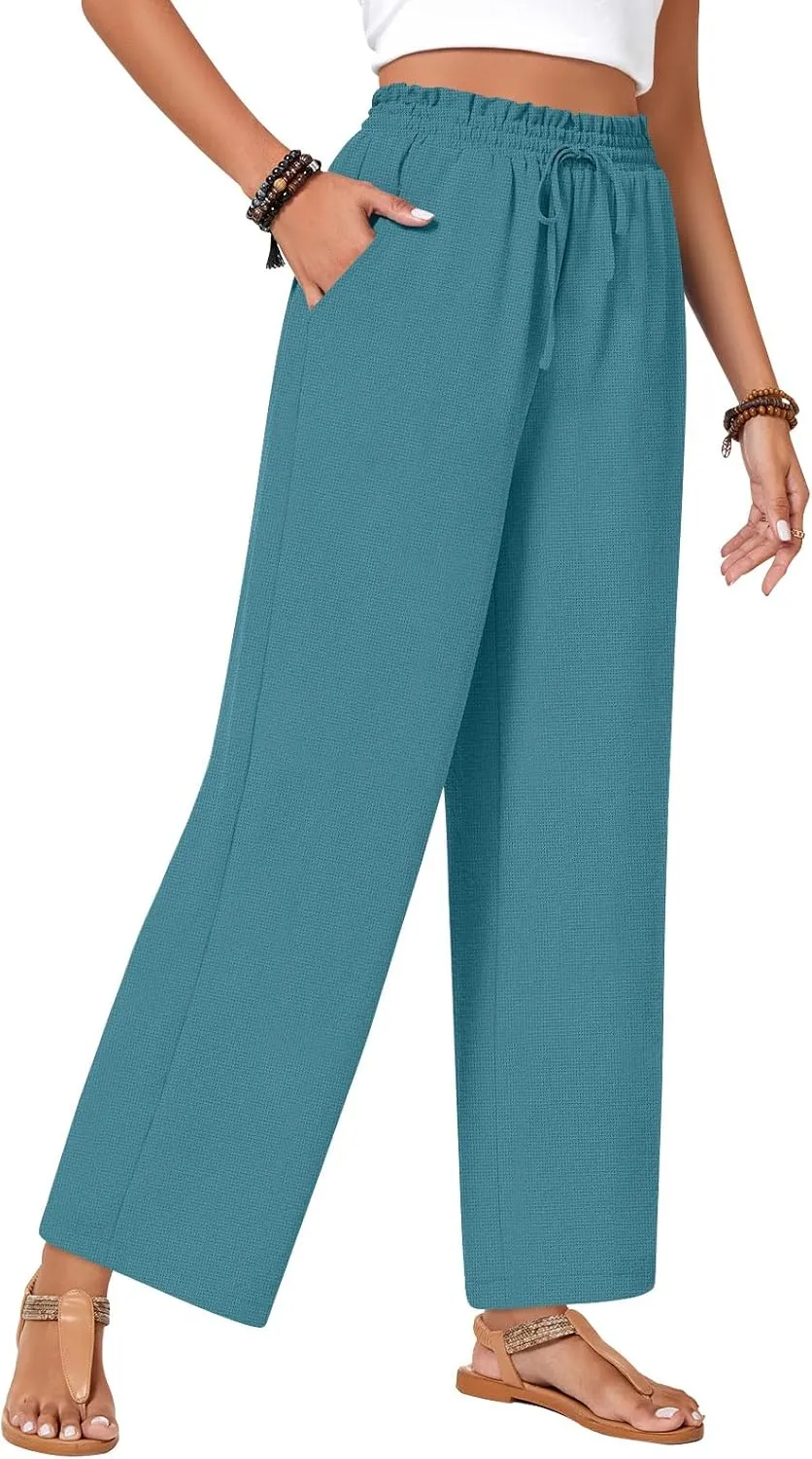 Bestbee Womens Business Casual Pants, Loose Fit Long Trousers 2025 Spring High Waist Waffle Knit Sweatpants with Pockets