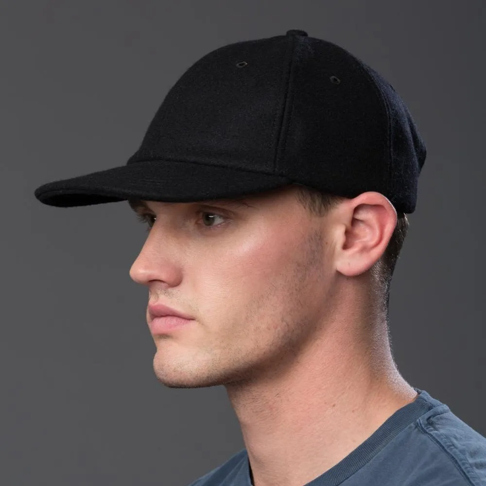 Black Melton Wool Six Panel Baseball Cap