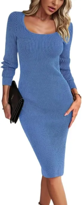 Bodycon Sweater Dress Square Neck Long Sleeve Ribbed Knit Midi Dress for Women