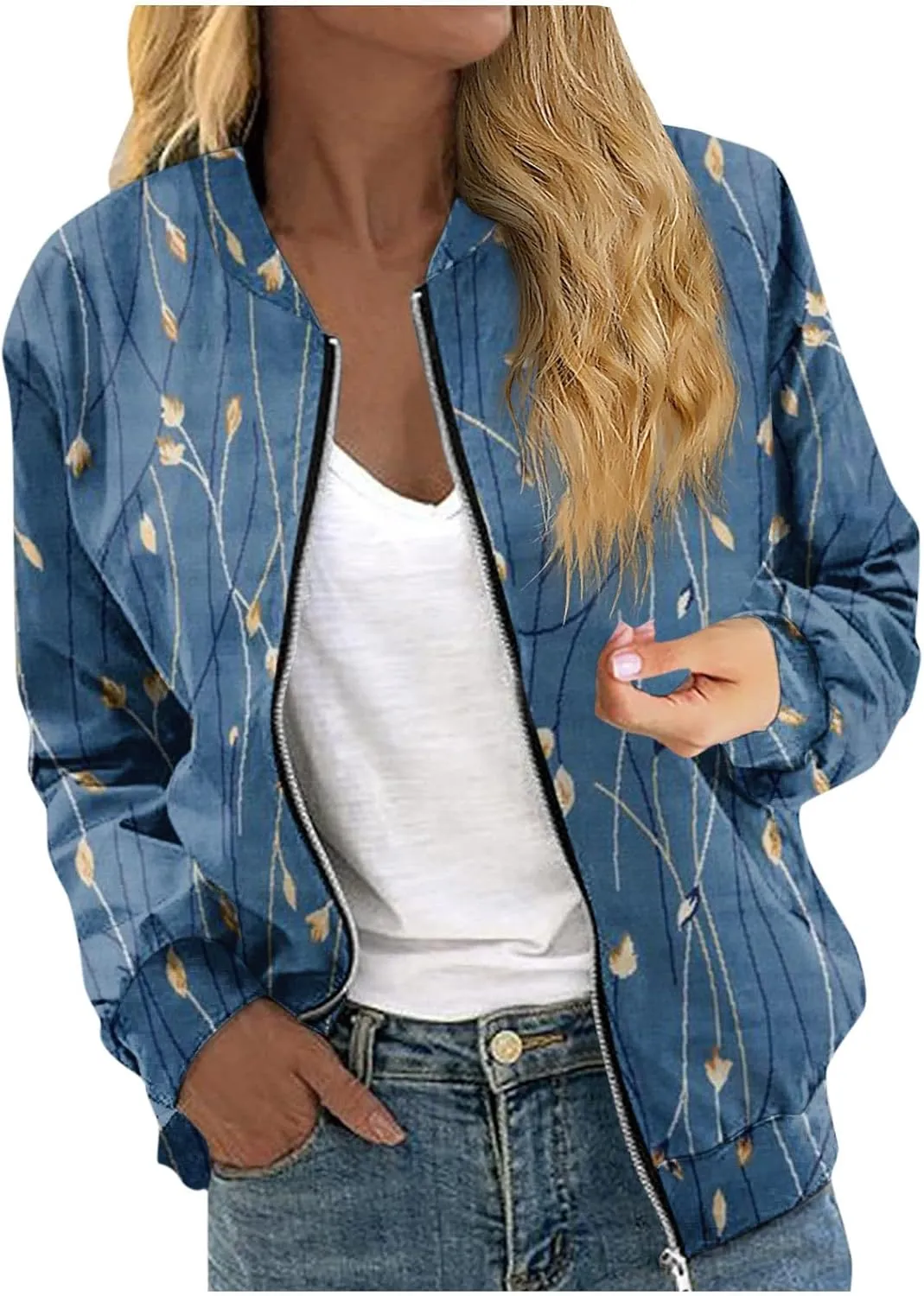 Bomber Jacket Women Lightweight Comfy Coats Casual Zip Up Windproof Windbreaker Floral Pattern Fashion Outerwears