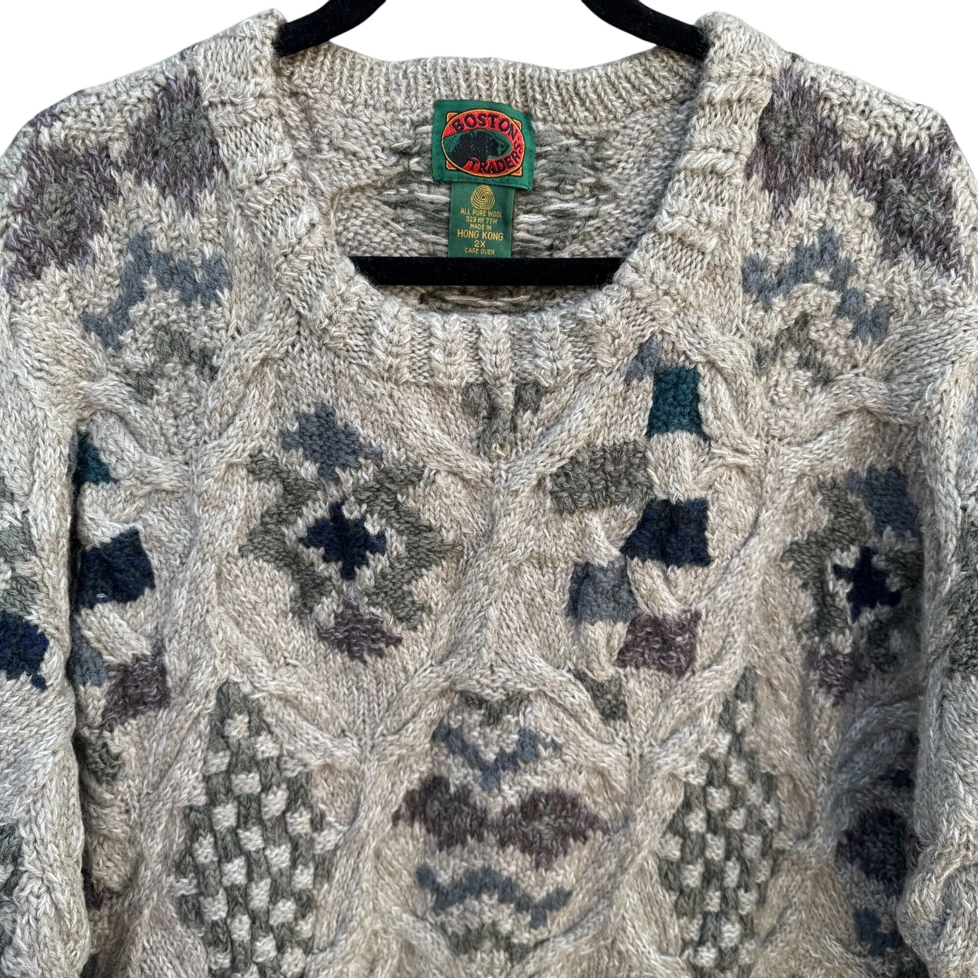Boston Traders Vintage Mens Geometric Pattern Crewneck Heavy Wool Knit Sweater 2X