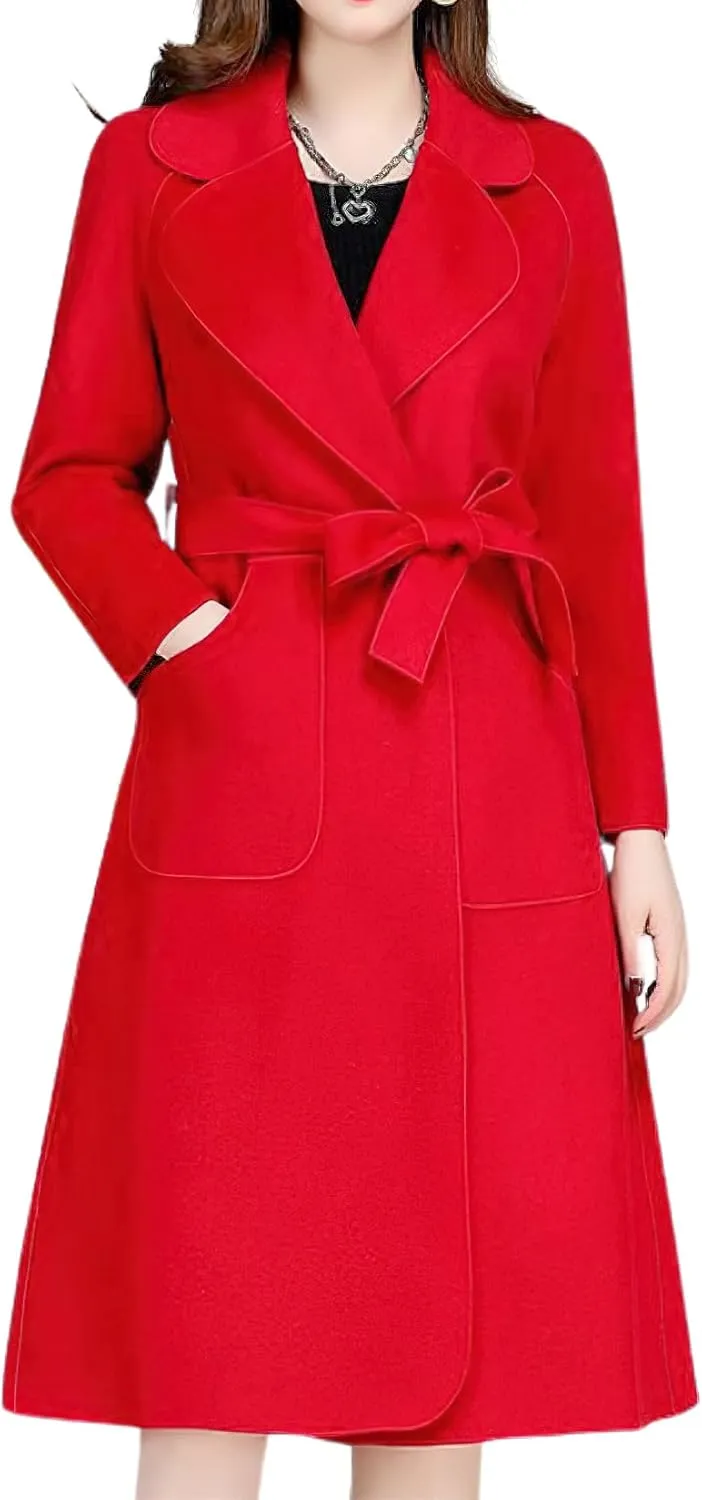 chouyatou Women Fall Winter Double Face Wool Blend Overcoat Notched Collar Wrap Midi Trench Coat with Belt