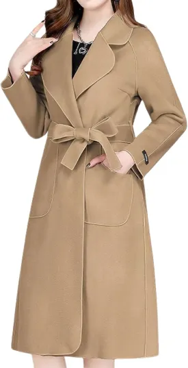 chouyatou Women Fall Winter Double Face Wool Blend Overcoat Notched Collar Wrap Midi Trench Coat with Belt