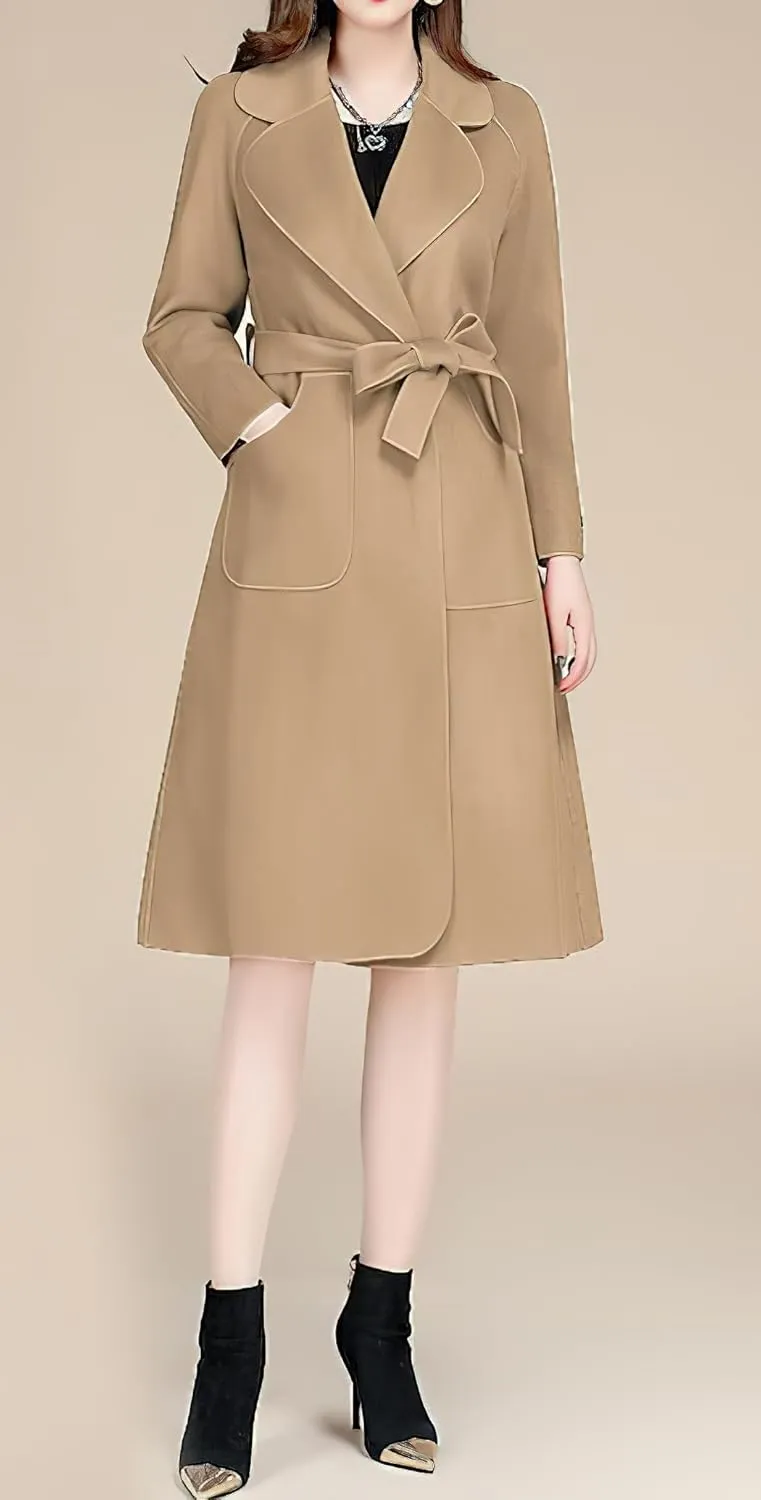 chouyatou Women Fall Winter Double Face Wool Blend Overcoat Notched Collar Wrap Midi Trench Coat with Belt
