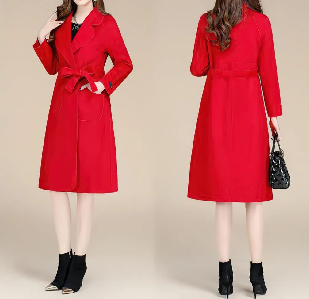 chouyatou Women Fall Winter Double Face Wool Blend Overcoat Notched Collar Wrap Midi Trench Coat with Belt