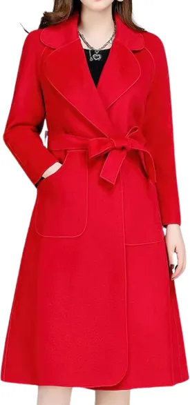 chouyatou Women Fall Winter Double Face Wool Blend Overcoat Notched Collar Wrap Midi Trench Coat with Belt