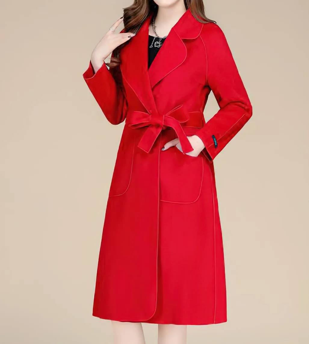 chouyatou Women Fall Winter Double Face Wool Blend Overcoat Notched Collar Wrap Midi Trench Coat with Belt