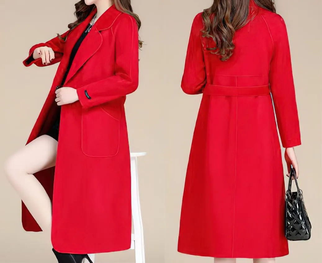 chouyatou Women Fall Winter Double Face Wool Blend Overcoat Notched Collar Wrap Midi Trench Coat with Belt