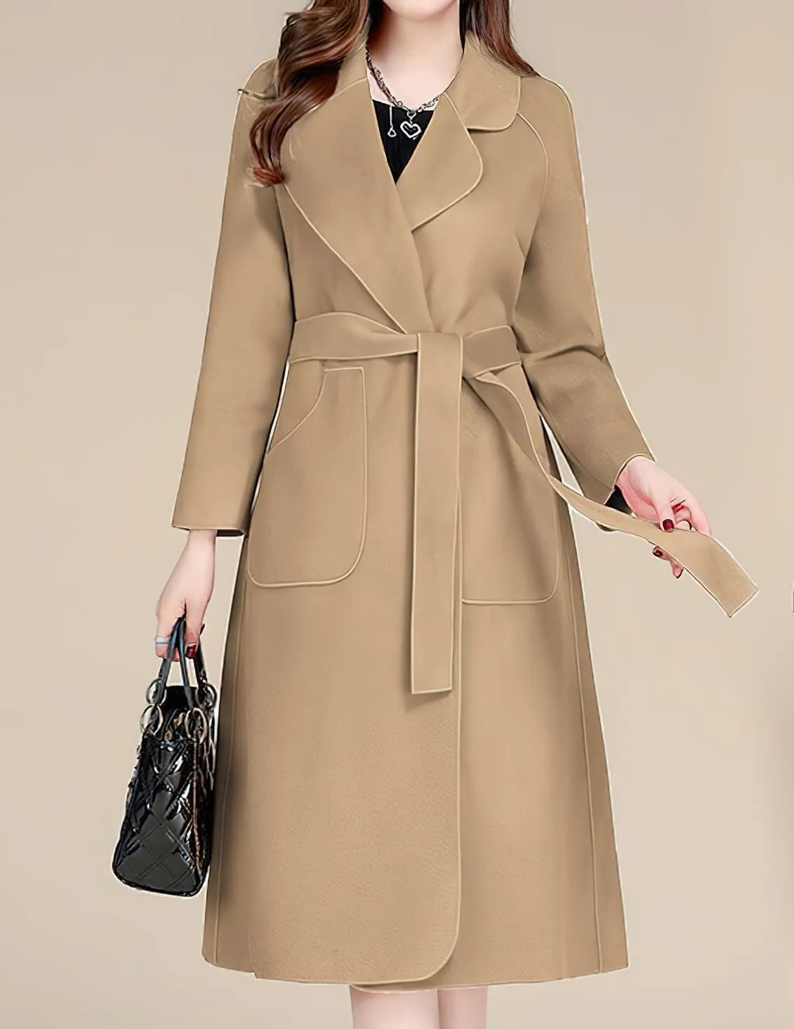 chouyatou Women Fall Winter Double Face Wool Blend Overcoat Notched Collar Wrap Midi Trench Coat with Belt