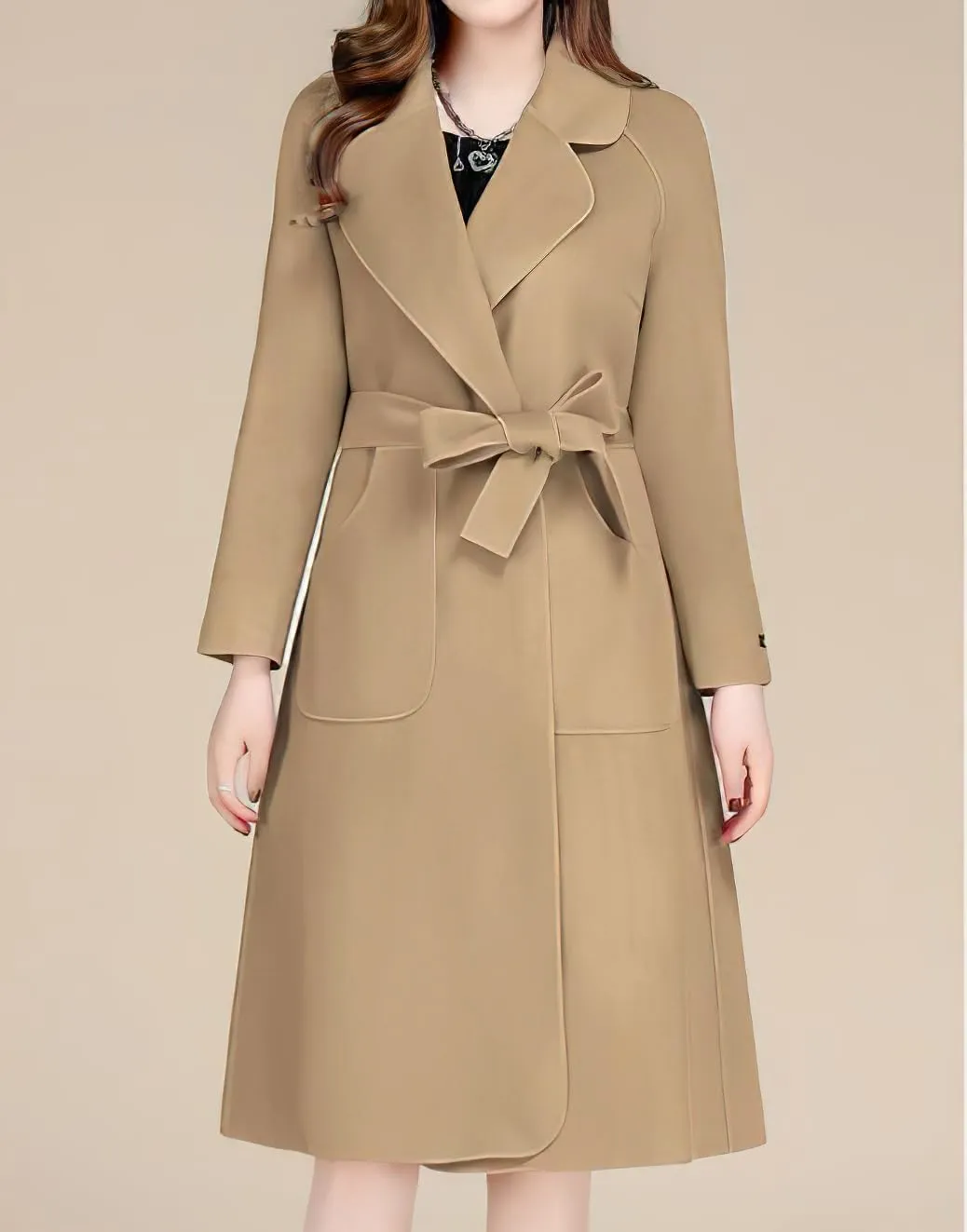 chouyatou Women Fall Winter Double Face Wool Blend Overcoat Notched Collar Wrap Midi Trench Coat with Belt