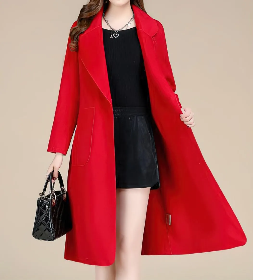 chouyatou Women Fall Winter Double Face Wool Blend Overcoat Notched Collar Wrap Midi Trench Coat with Belt
