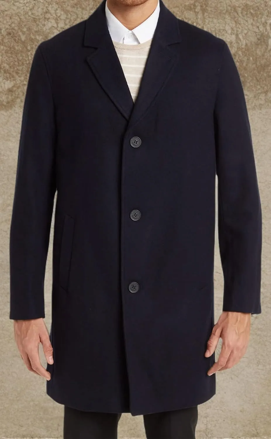Cole Haan Mens Melton Wool Notched Collar Coat With Welt Body Pockets