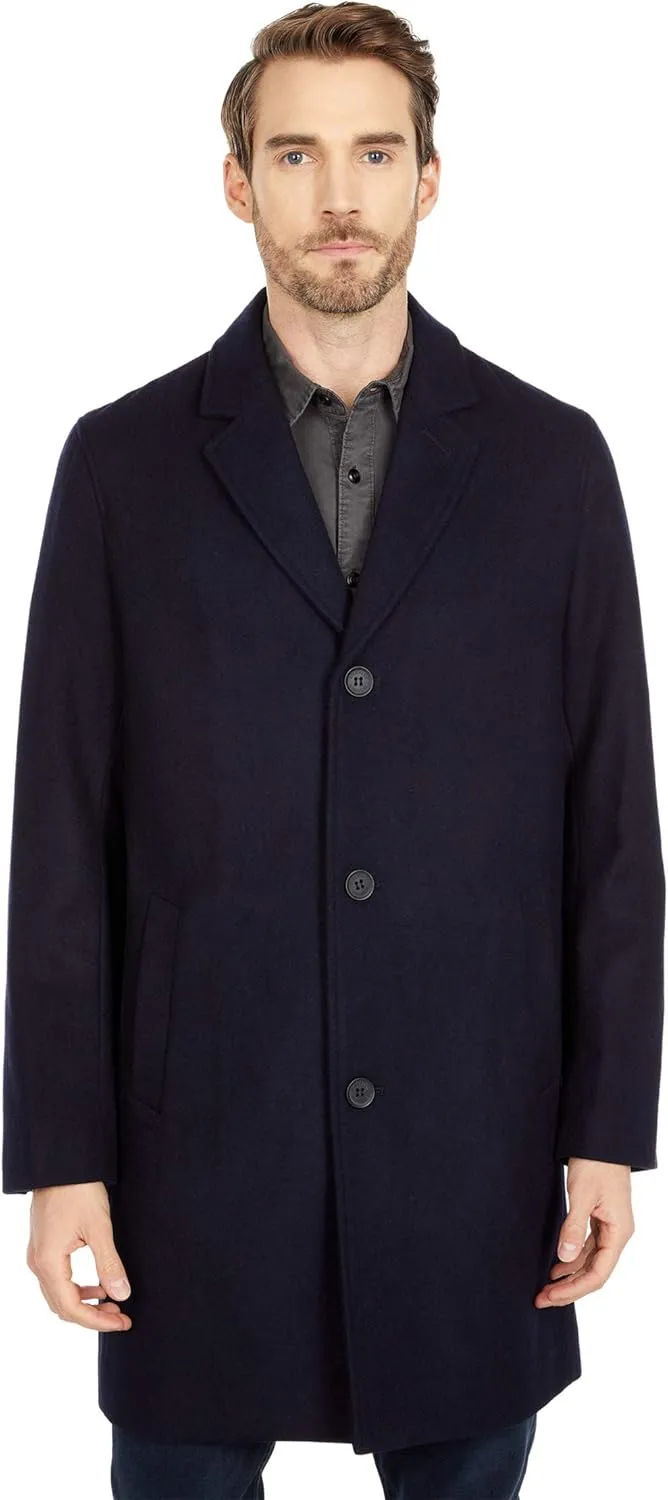 Cole Haan Mens Melton Wool Notched Collar Coat With Welt Body Pockets