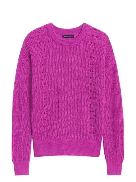 Cropped Pointelle-Knit Sweater in Bright Magenta
