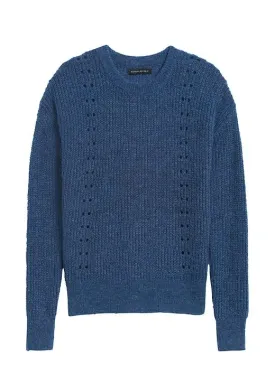 Cropped Pointelle-Knit Sweater in Deep Blue