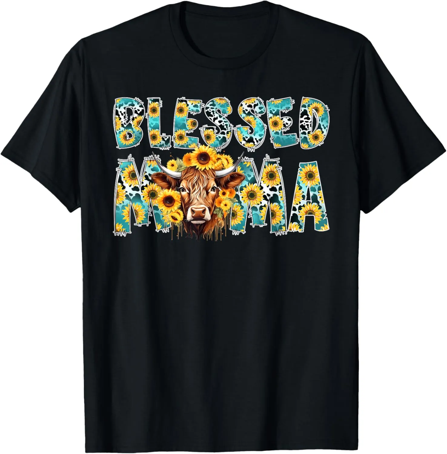 Cute Blessed Mama Highland Cow Mom Sunflowers Mothers Day T-Shirt