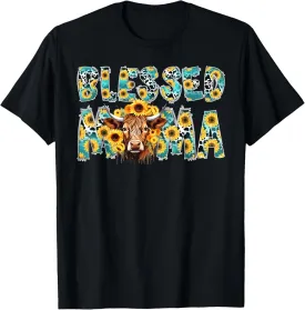 Cute Blessed Mama Highland Cow Mom Sunflowers Mothers Day T-Shirt