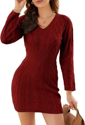 Dokotoo Women's 2024 Fall Sweater Dress Long Sleeve V Neck Cable Knit Chunky Bodycon Pullover Jumper Sweaters