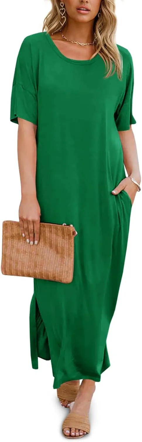 Dyexces Womens Summer T Shirt Dress Casual Drop Shoulder Round Neck Maxi Dresses Loose Side Slit Midi Dress with Pockets