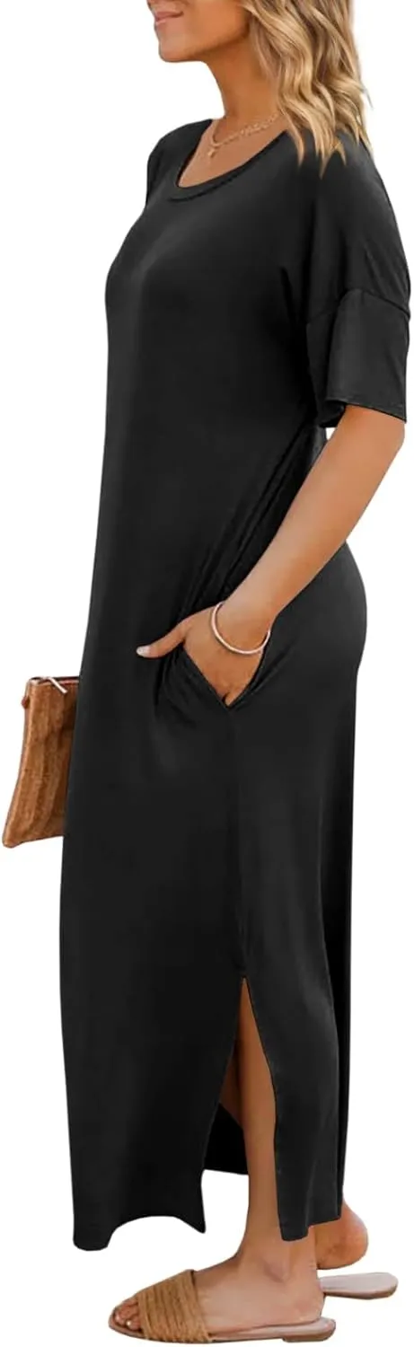 Dyexces Womens Summer T Shirt Dress Casual Drop Shoulder Round Neck Maxi Dresses Loose Side Slit Midi Dress with Pockets