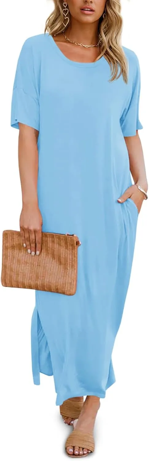 Dyexces Womens Summer T Shirt Dress Casual Drop Shoulder Round Neck Maxi Dresses Loose Side Slit Midi Dress with Pockets