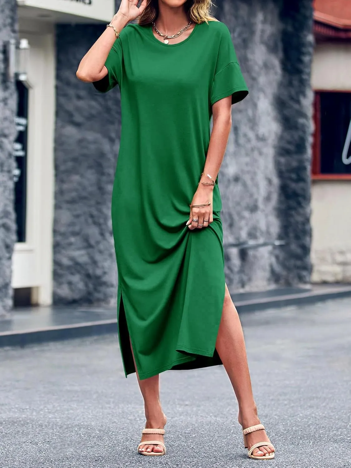Dyexces Womens Summer T Shirt Dress Casual Drop Shoulder Round Neck Maxi Dresses Loose Side Slit Midi Dress with Pockets