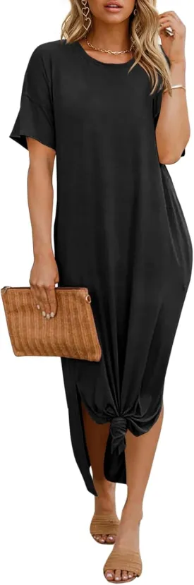Dyexces Womens Summer T Shirt Dress Casual Drop Shoulder Round Neck Maxi Dresses Loose Side Slit Midi Dress with Pockets