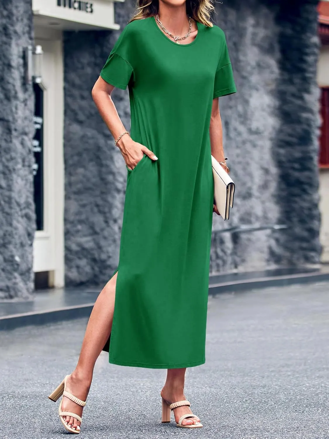 Dyexces Womens Summer T Shirt Dress Casual Drop Shoulder Round Neck Maxi Dresses Loose Side Slit Midi Dress with Pockets