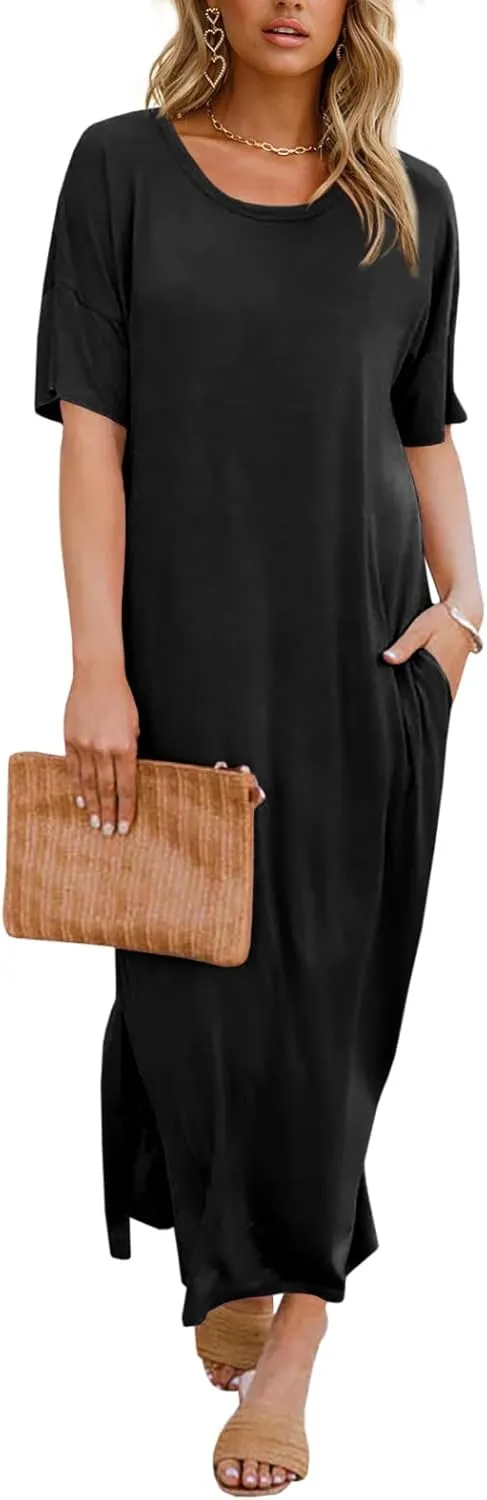 Dyexces Womens Summer T Shirt Dress Casual Drop Shoulder Round Neck Maxi Dresses Loose Side Slit Midi Dress with Pockets