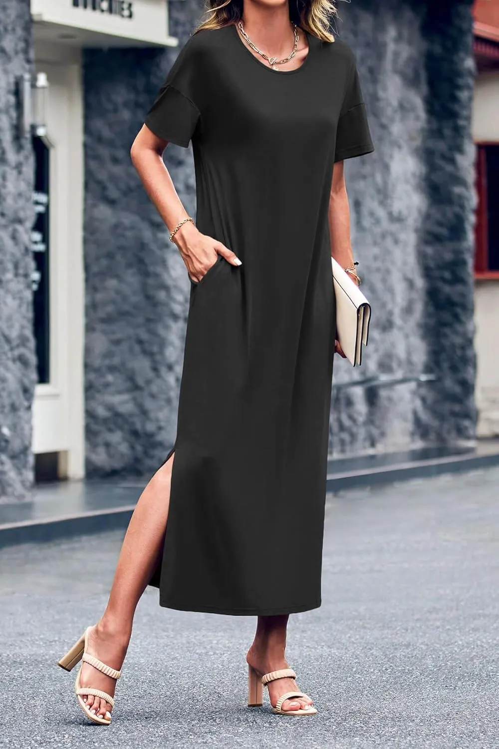Dyexces Womens Summer T Shirt Dress Casual Drop Shoulder Round Neck Maxi Dresses Loose Side Slit Midi Dress with Pockets
