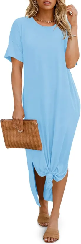 Dyexces Womens Summer T Shirt Dress Casual Drop Shoulder Round Neck Maxi Dresses Loose Side Slit Midi Dress with Pockets