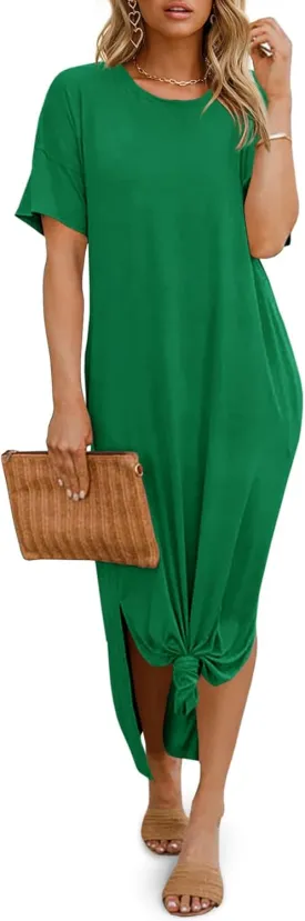 Dyexces Womens Summer T Shirt Dress Casual Drop Shoulder Round Neck Maxi Dresses Loose Side Slit Midi Dress with Pockets