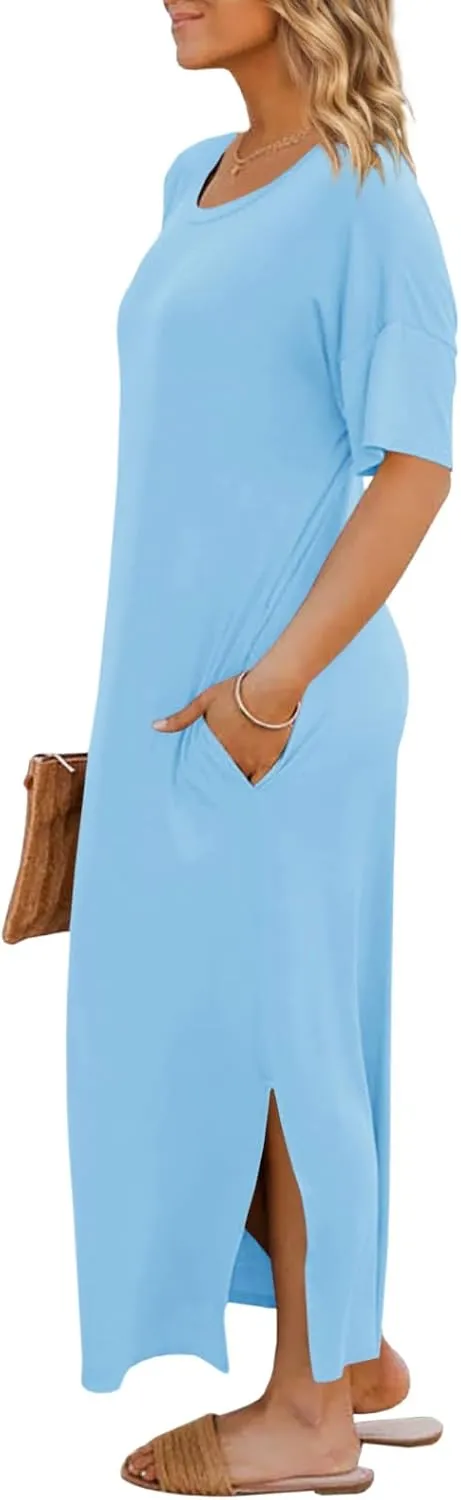 Dyexces Womens Summer T Shirt Dress Casual Drop Shoulder Round Neck Maxi Dresses Loose Side Slit Midi Dress with Pockets
