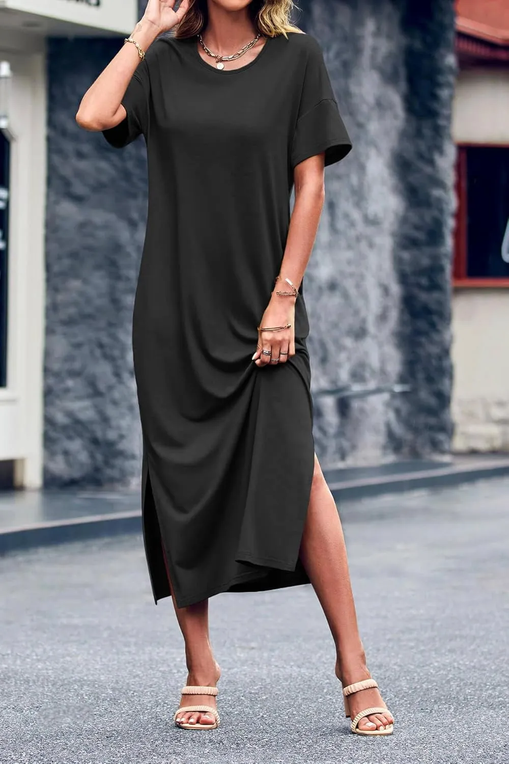 Dyexces Womens Summer T Shirt Dress Casual Drop Shoulder Round Neck Maxi Dresses Loose Side Slit Midi Dress with Pockets