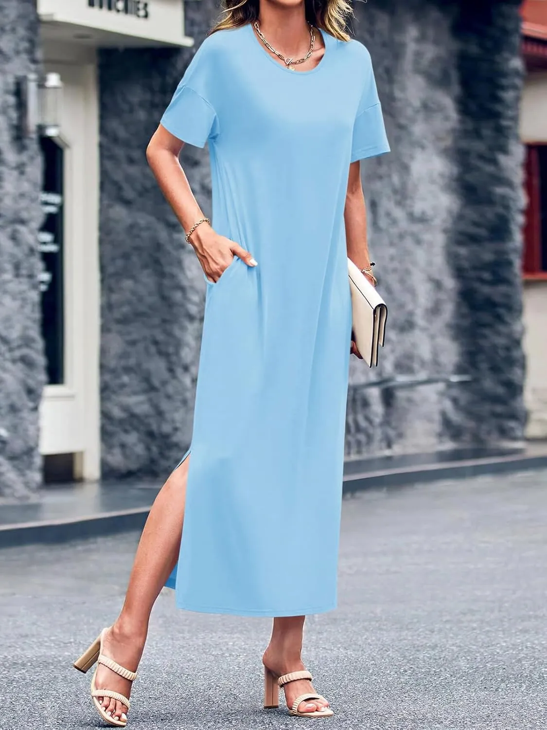 Dyexces Womens Summer T Shirt Dress Casual Drop Shoulder Round Neck Maxi Dresses Loose Side Slit Midi Dress with Pockets
