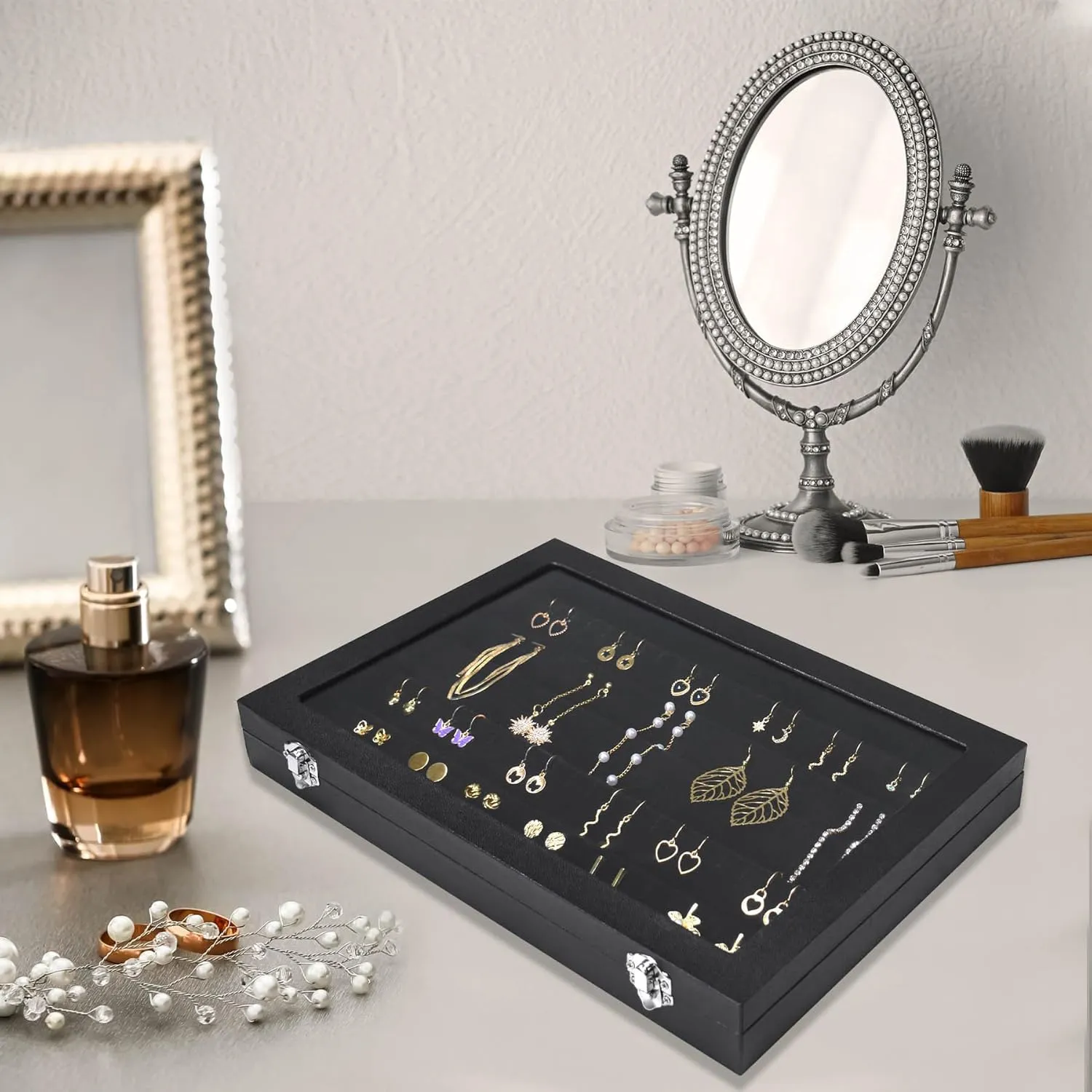 Earring Organizer Tray, Jewelry Tray with Lid, Earring Storage Box, and Jewelry Display Case, Keep Your Earrings Organized and Secure with This Stylish and Functional Earring Tray (Black)